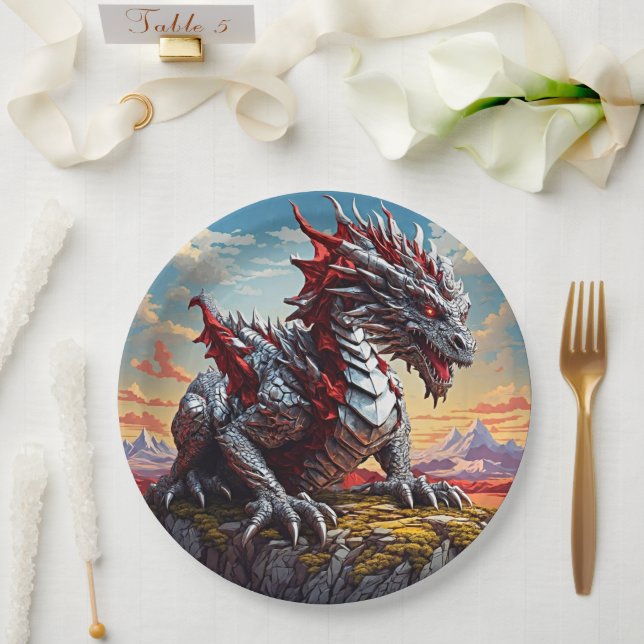Red Silver Dragon Birthday Paper Plates (Wedding)