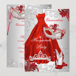 Red Silver Dress masquerade Quinceanera mask Invitation
