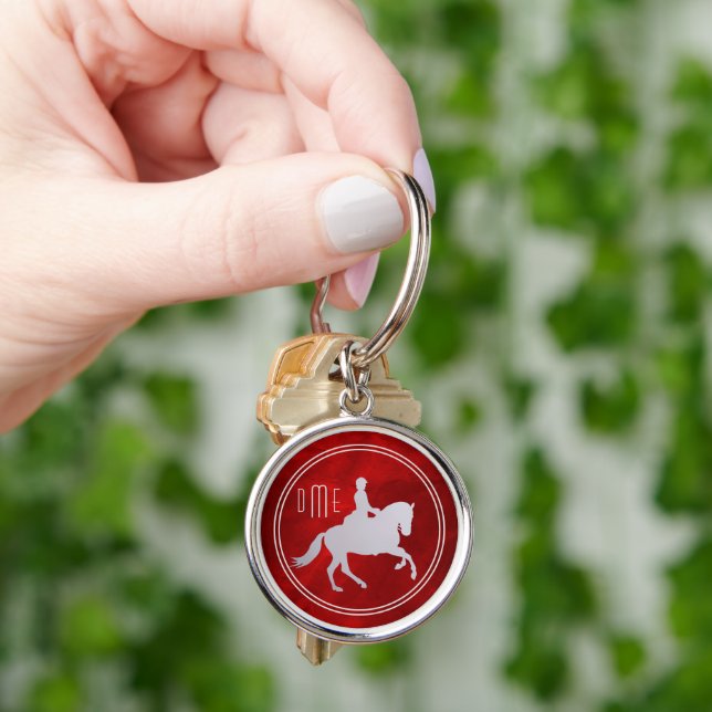 Red Silver Equestrian Horse Monogram Keychain (Hand)