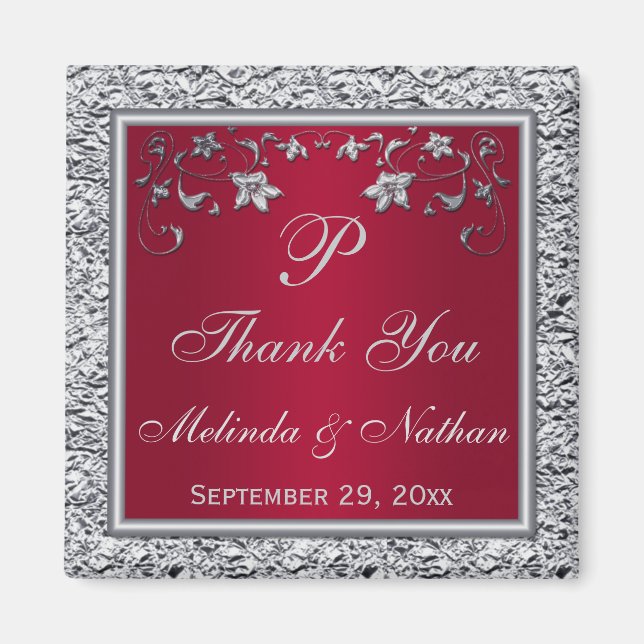 Red, Silver FAUX Foil Floral Wedding Favour Magnet (Front)