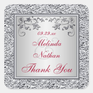 Red, Silver FAUX Foil Floral Wedding Favour Sticke Square Sticker