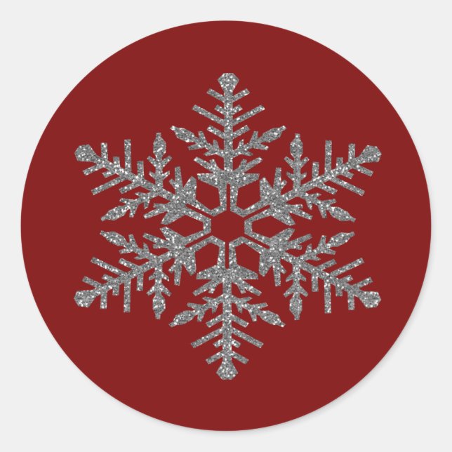 Red Silver Faux Glitter Snowflake Classic Round Sticker (Front)