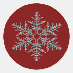 Red Silver Faux Glitter Snowflake Classic Round Sticker