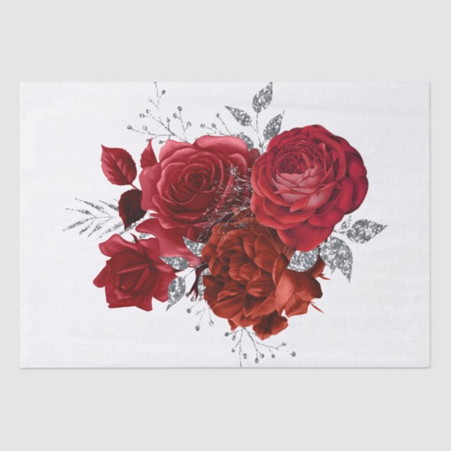 Red Silver Floral Bouquet Watercolor Decoupage Tissue Paper (Front)