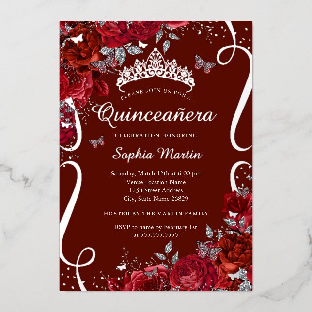 Red Silver Floral Butterfly Elegant Quinceanera  (Front)