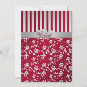 Red Silver Floral Hearts Striped Wedding Invite