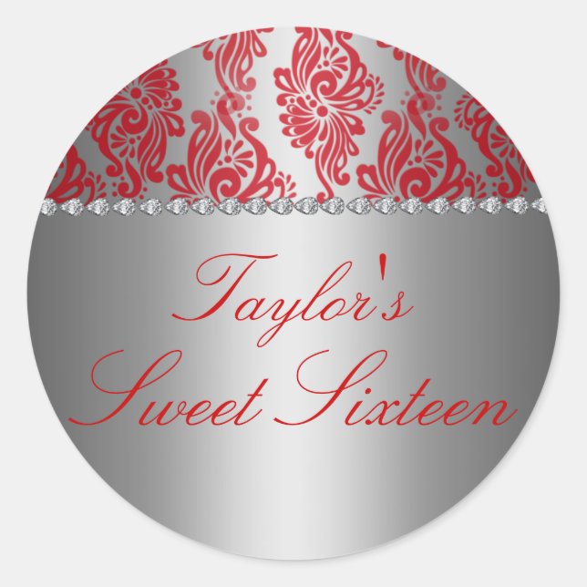 Red & Silver Floral Print Sweet 16 Sticker (Front)