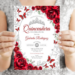 Red Silver Floral Quinceanera Invitation