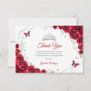 Red Silver Floral Quinceanera Thank You Card