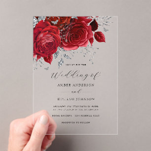 Red Silver Floral Rose Wedding   Acrylic Invitations