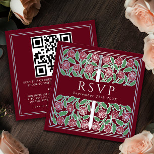 Red Silver Floral Royal Wedding RSVP QR Code  Enclosure Card
