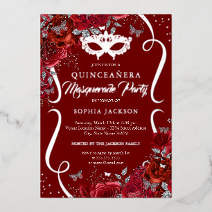 Red Silver Floral Scroll Masquerade Quinceanera