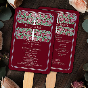 Red Silver Floral Sword Royal Wedding Program Hand Fan