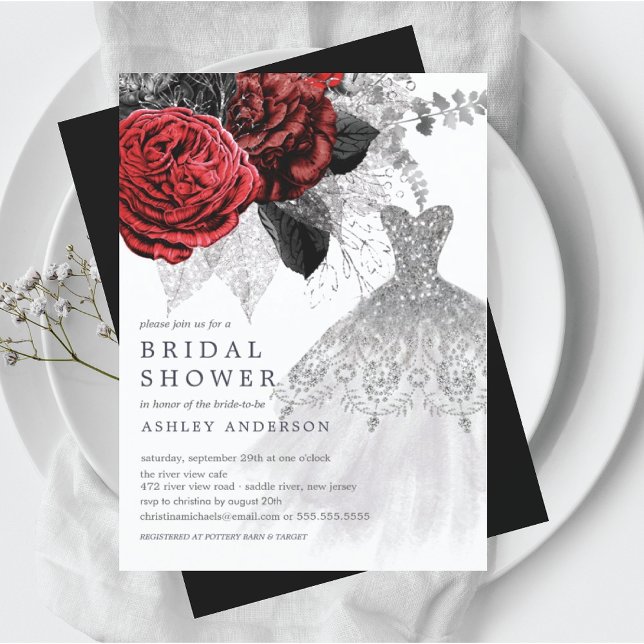 Red & Silver Floral Wedding Dress Bridal Shower Invitation (Creator Uploaded)