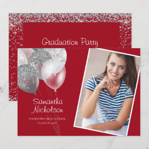 Red Silver Glitter Balloons Graduation Party Photo Invitation