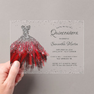 Red Silver Glitter Dress Script Quinceañera Party Acrylic Invitations