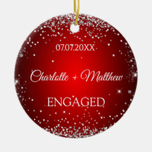 Red silver glitter engamement photo ceramic ornament