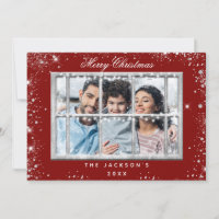 Red silver glitter photo window Christmas card