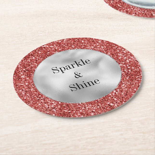 Red Silver Glitter   Round Paper Coaster (Angled)