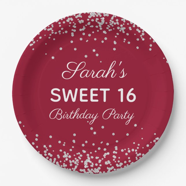 Red Silver Glitter Sweet 16 Birthday Party Paper Plate (Front)