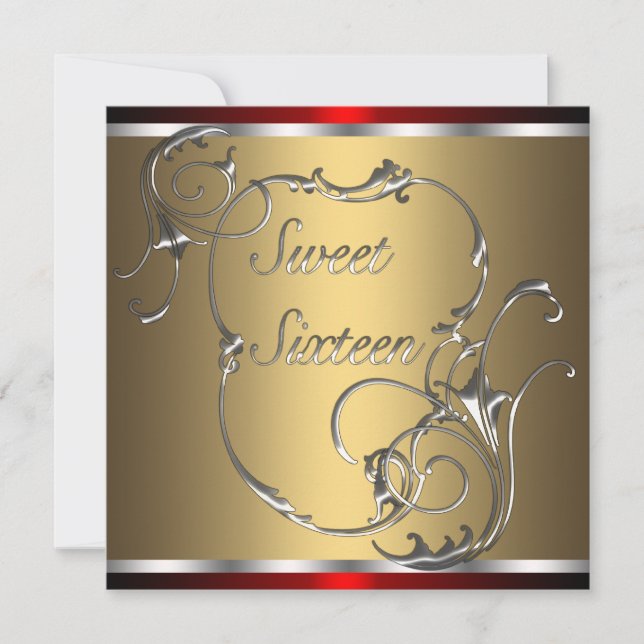 Red Silver Gold Sweet Sixteen Birthday Party Invitation (Front)