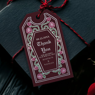 Red Silver Gothic Coffin Rose Wedding Thank You Gift Tags