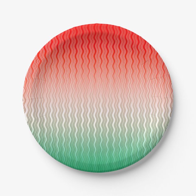 Red Silver Green Wavy Stripes Paper Plate (Front)