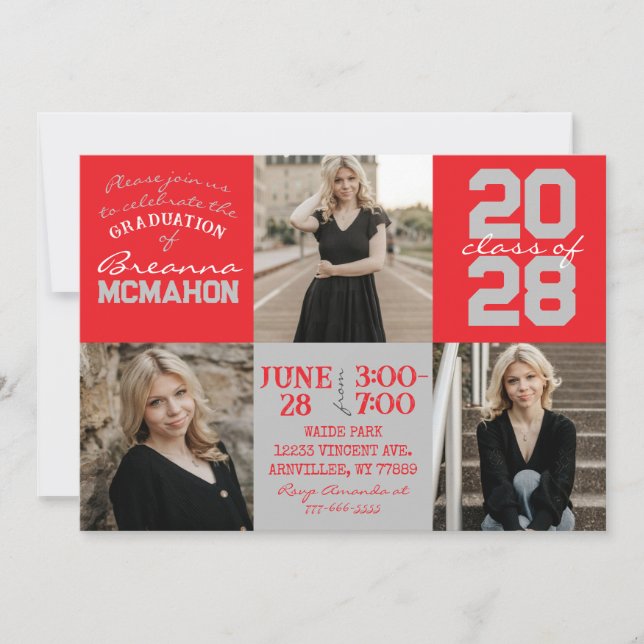 Red & Silver Grey 3 Photo Graduation Invitation (Front)
