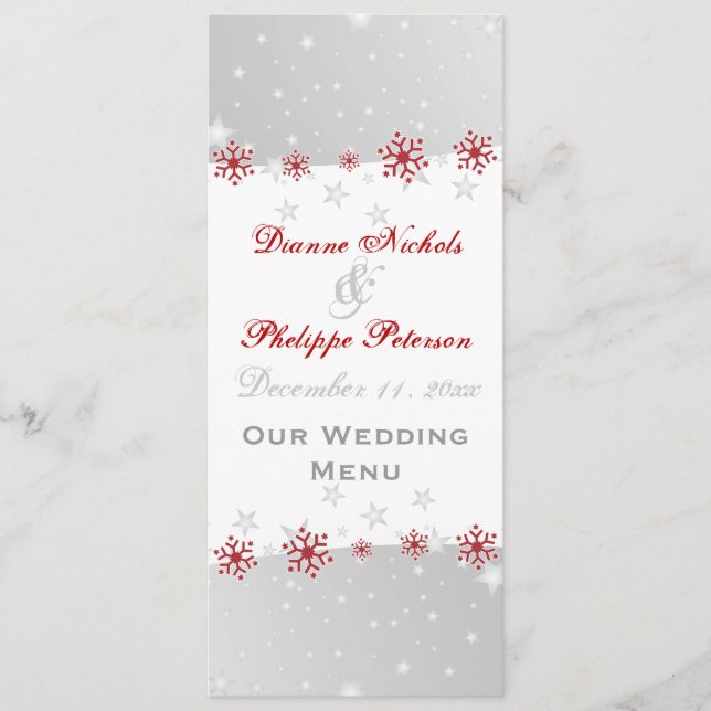 Red silver grey snowflake wedding menu card (Front)