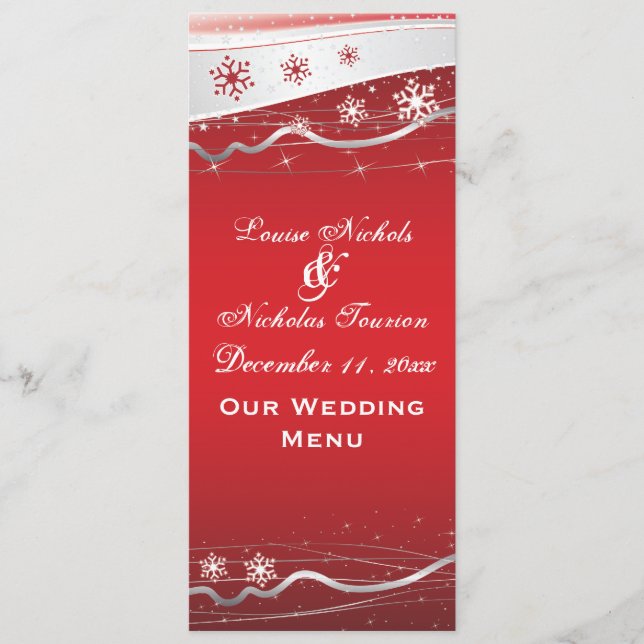 Red, silver grey snowflake wedding menu card (Front)