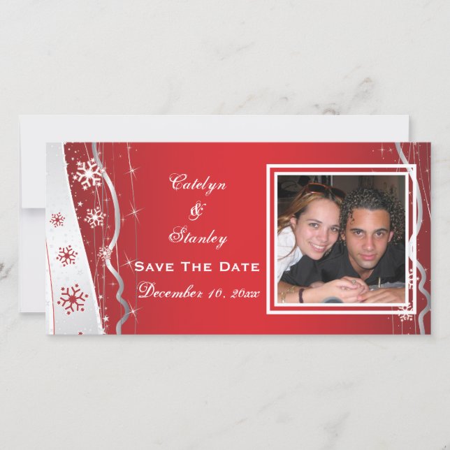 Red, silver grey snowflake wedding Save the Date (Front)
