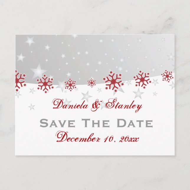 Red silver grey snowflake wedding Save the Date Announcement Postcard (Front)