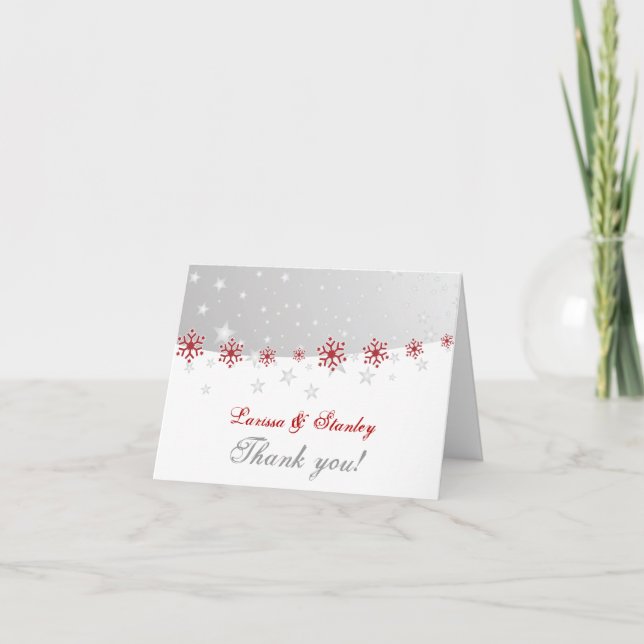 Red silver grey snowflake wedding Thank You photo Card (Front)