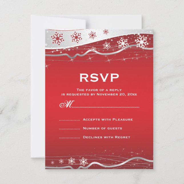 Red, silver grey snowflake winter wedding RSVP (Front)
