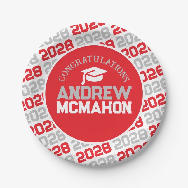 Red, Silver Grey & White Graduation Personalized Paper Plate (Front)