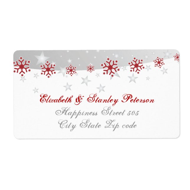 Red silver grey white snowflake wedding label (Front)