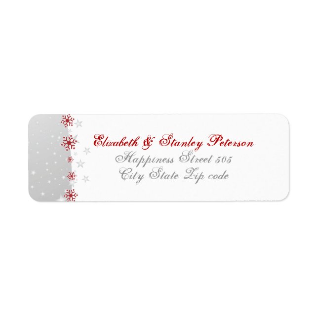 Red silver grey white snowflake wedding label (Front)