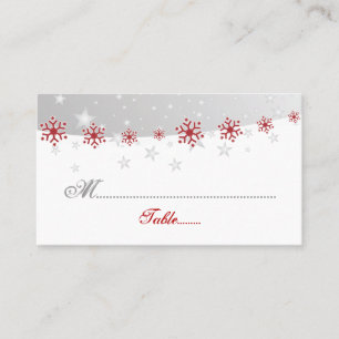 Red silver grey white snowflake wedding place card