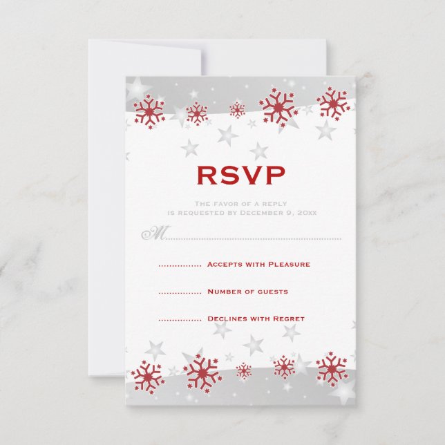 Red silver grey white snowflake wedding RSVP (Front)