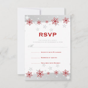 Red silver grey white snowflake wedding RSVP Card