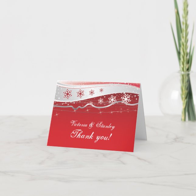 Red, silver grey winter wedding Thank You Card (Front)