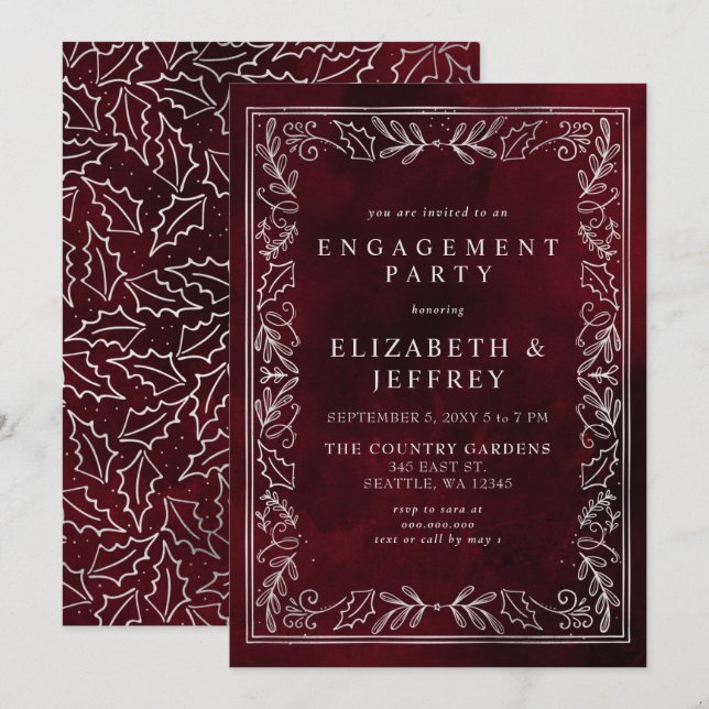 Red Silver Holly Christmas Engagement Party Invitation (Front/Back)