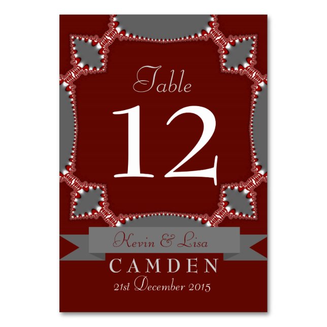 Red Silver lace Wedding Table Number Card (Front)
