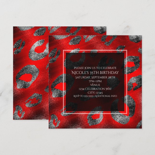 Red & Silver Leopard Print Glamour Party Invitation (Front/Back)
