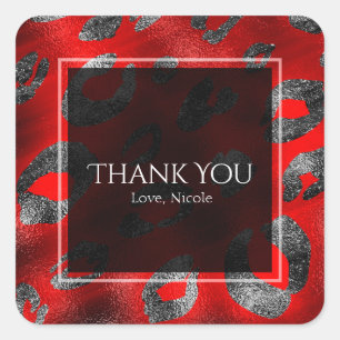 Red & Silver Leopard Print Party Favour Square Sticker