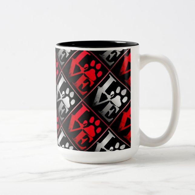 Red & Silver Love Paws Pattern Two-Tone Coffee Mug (Right)