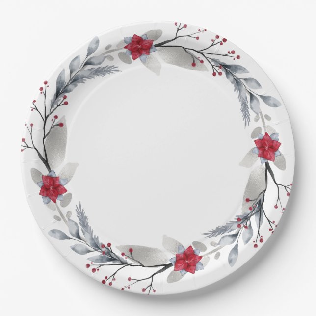 Red, Silver Merry Christmas Wreaths Paper Plate (Front)