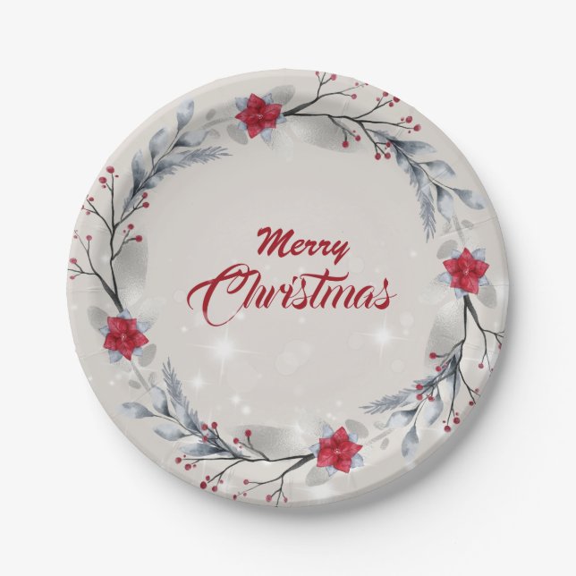 Red, Silver Merry Christmas Wreaths Paper Plate (Front)