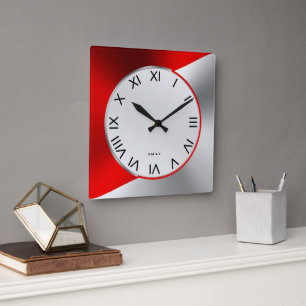 Red & Silver Modern Metallic Geometric Design Square Wall Clock