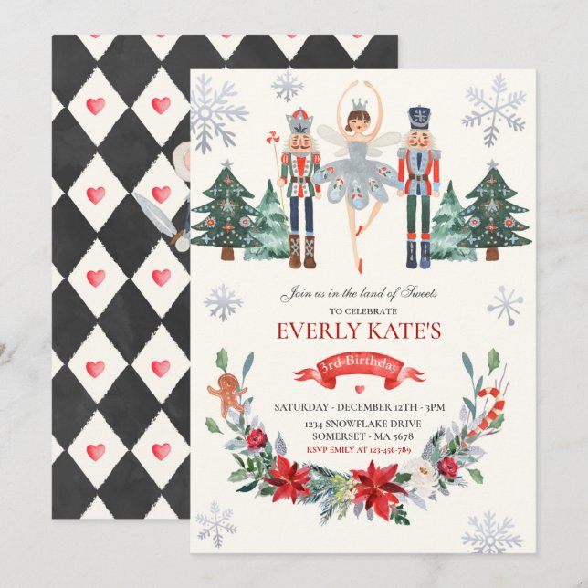 Red & Silver Nutcracker Birthday Sugar Plum Fairy Invitation (Front/Back)
